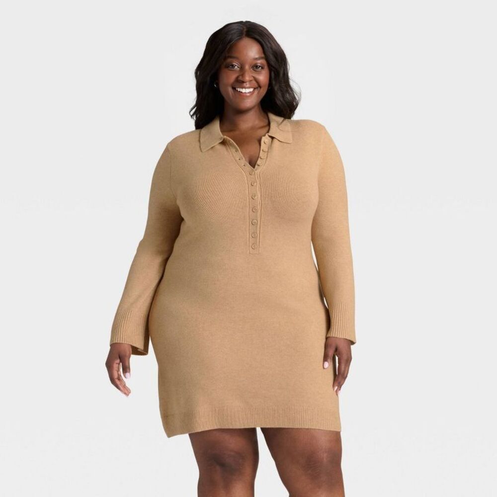 Women's Long Sleeve Sweater Dress - A New Day Light Heather Brown XXL